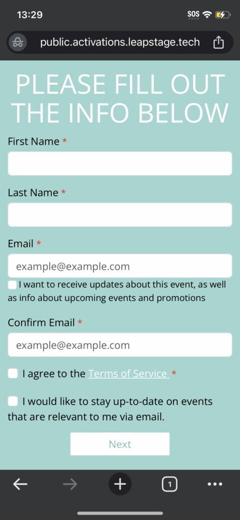 registration form in a mobile app using Leap Event Technology's activations solution