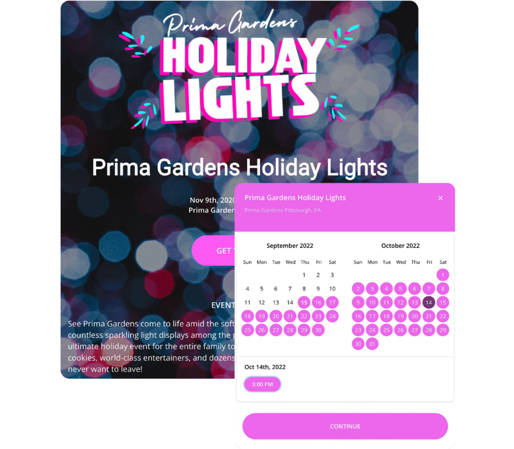 Fictitious screenshot of an event listing and available dates to buy tickets 