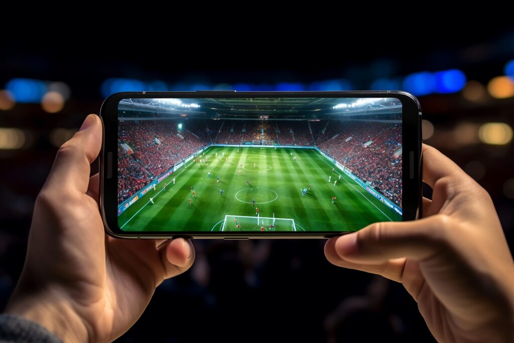 someone holding their mobile device playing a soccer game 