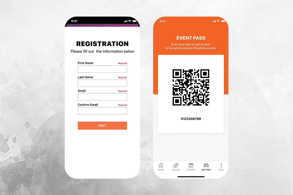 A screenshot of two mobile apps on smartphones. The first one shows a registration form and submission button, the second one is an event pass with a QR code.