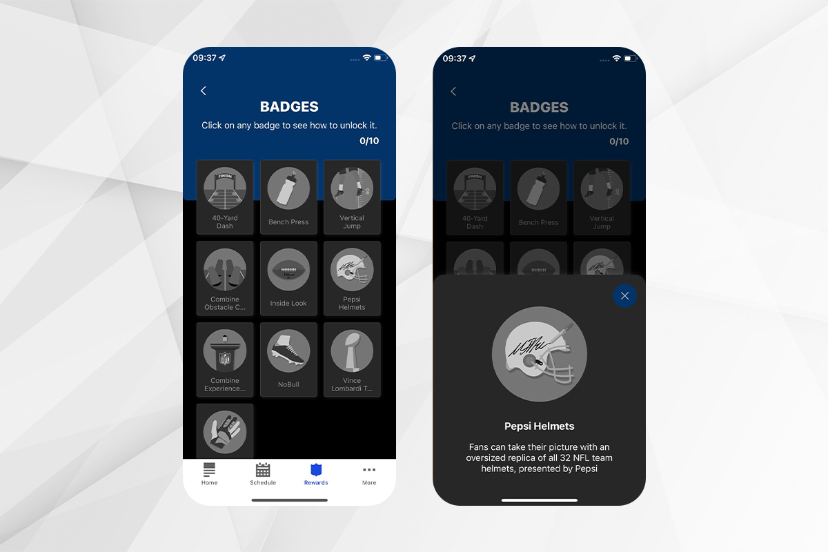 A screenshot of two mobile apps on smartphones. The first one shows different gamification badges for an NFL football event. The second one shows a specific badge called Pepsi Helmets.