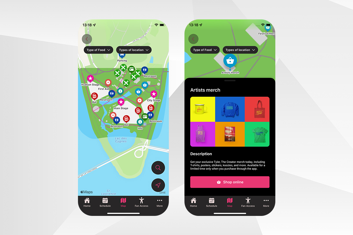 A screenshot of two mobile apps on smartphones. The first one shows a map of an event venue and specific locations the attendee can visit. The second app displays a specific location from the map, a store with artists merch. There is also a button that reads "shop online."