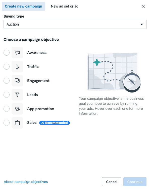screenshot of the six types of ad objectives in Meta Ads for Facebook and Instagram