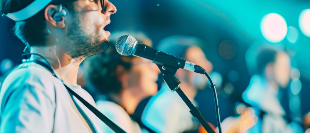 Energetic musician performing live on stage, captivating the audience with powerful vocals and vibrant lighting.