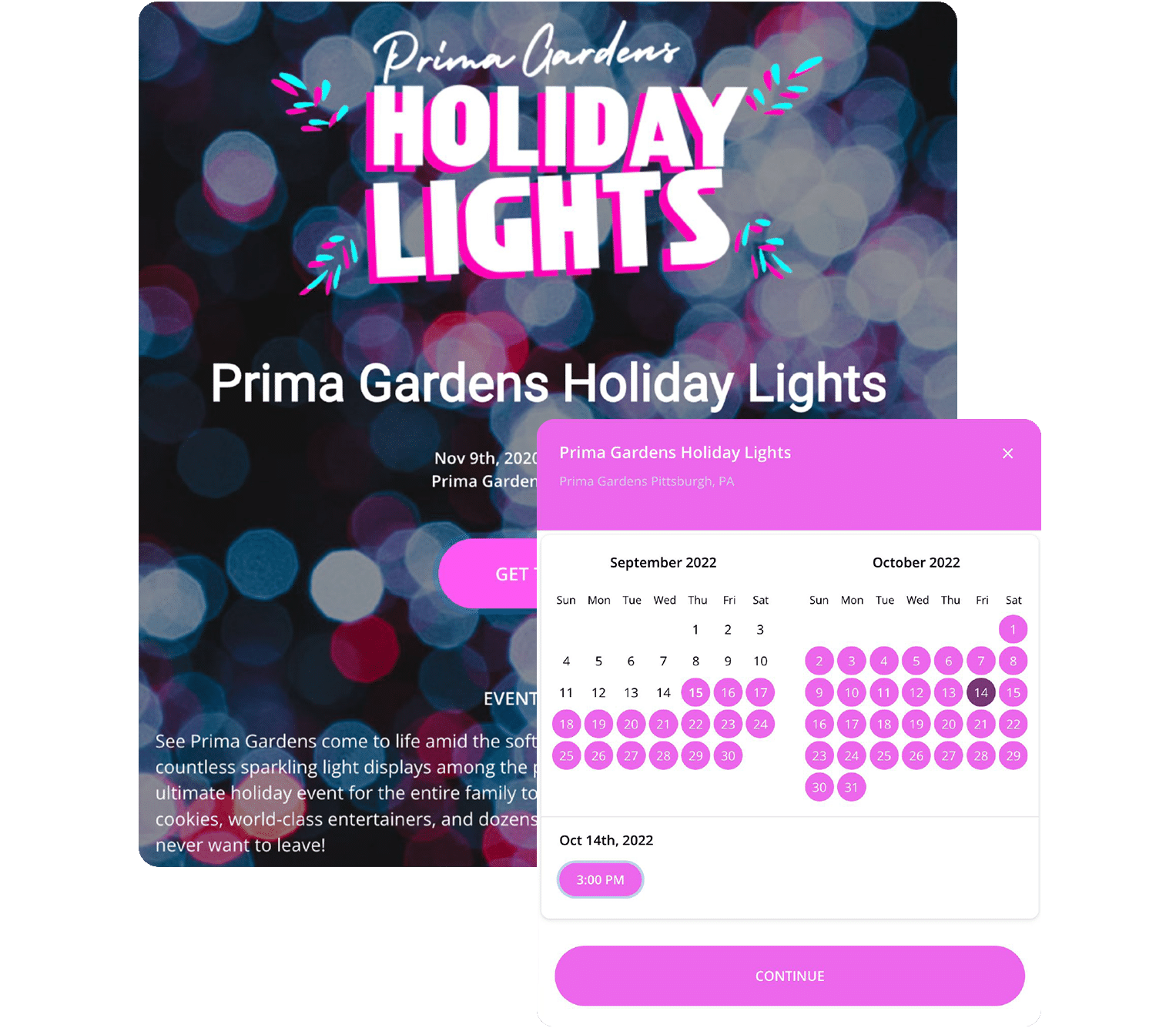 An event mockup of Prima Gardens Holiday Lights