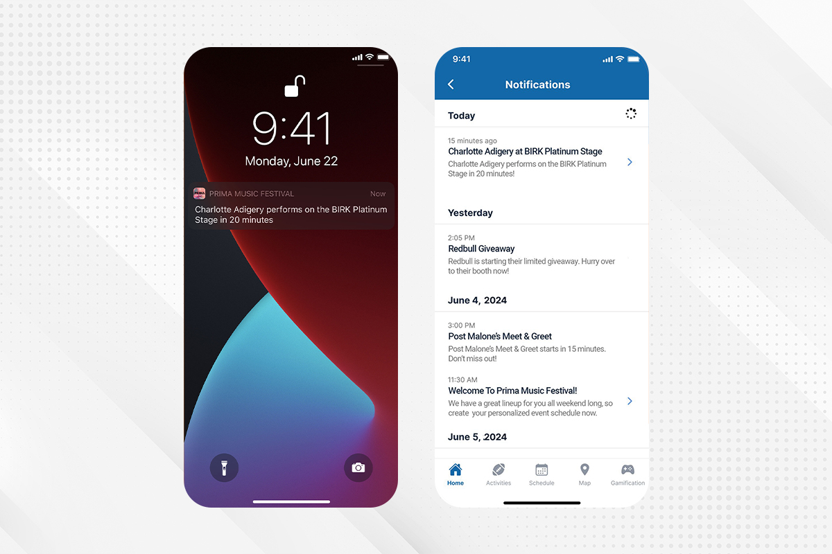 A screenshot of two mobile apps on smartphones. The first one shows a notification from the Prima Music Festival. The second one is a notifications page with different events.